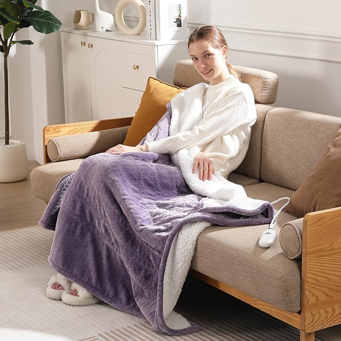 Twin Electric Blanket 62"x84" Heating Blanket Twin, Wheat Pattern Ultra-Soft Flannel & Thick Sherpa with 5 Heat Settings & 10 Hour Auto Shut-Off, ETL & FCC Certified, Machine Washable, Lavender