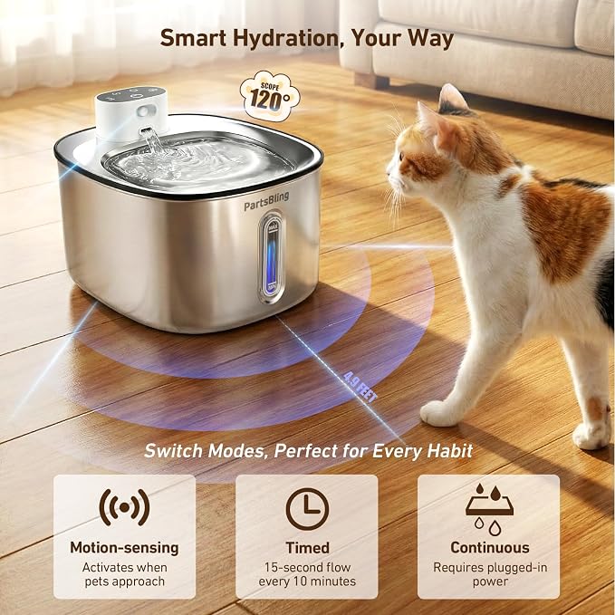 PartsBling Stainless Steel Cat Water Fountain, 4.2L/142 oz | Cordless Pet Water Fountain with Sensor, 5000mAh Rechargeable Battery, Ultra Quiet, 4 Filters, for Cats & Small Dogs, White