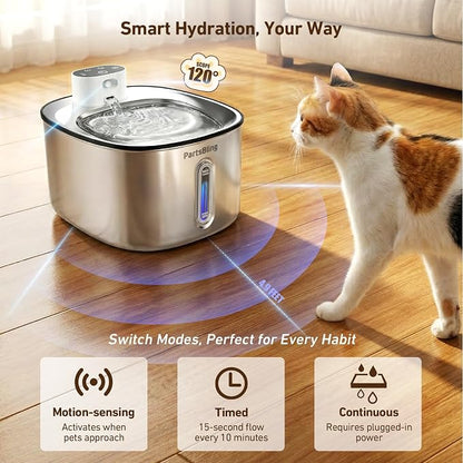 PartsBling Stainless Steel Cat Water Fountain, 4.2L/142 oz | Cordless Pet Water Fountain with Sensor, 5000mAh Rechargeable Battery, Ultra Quiet, 4 Filters, for Cats & Small Dogs, White