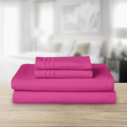 Elegant Comfort Luxurious 1500 Premium Hotel Quality Microfiber Three Line Embroidered Softest 4-Piece Bed Sheet Set, Wrinkle and Fade Resistant, King, Hot Pink