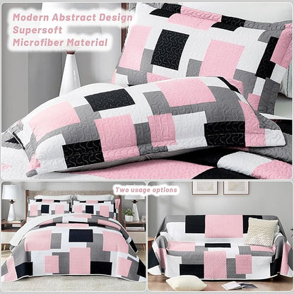 3 Piece Pink Grey Quilt Set King Size Pink Gray White Geometric Reversible Bedding Set Microfiber Lightweight Bedspread Coverlet with 2 Shams Modern Bed Cover for All Season, 106''x96''