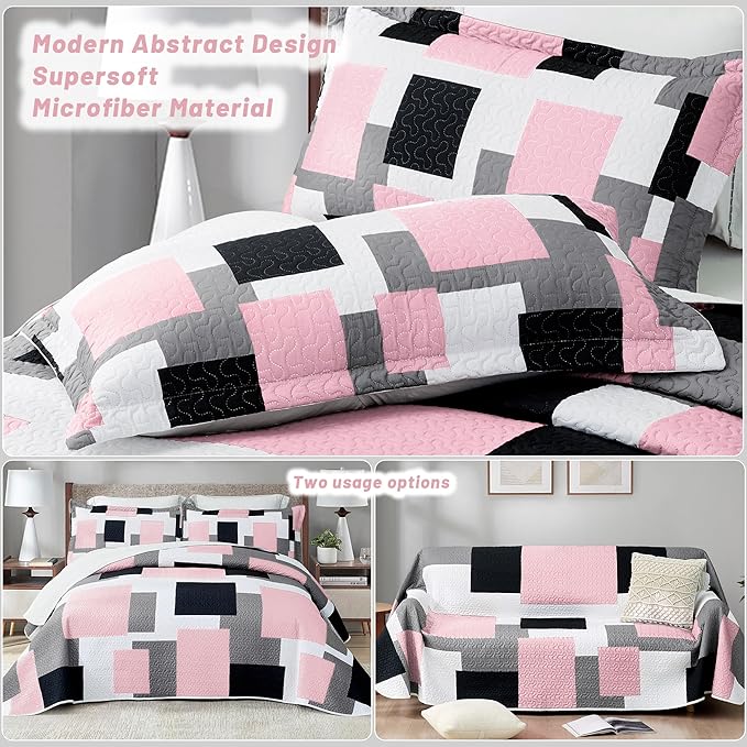 3 Piece Pink Grey Quilt Set California King Size Pink Gray White Geometric Reversible Bedding Set Microfiber Lightweight Bedspread Coverlet with 2 Shams Bed Cover for All Season, 118''x106''