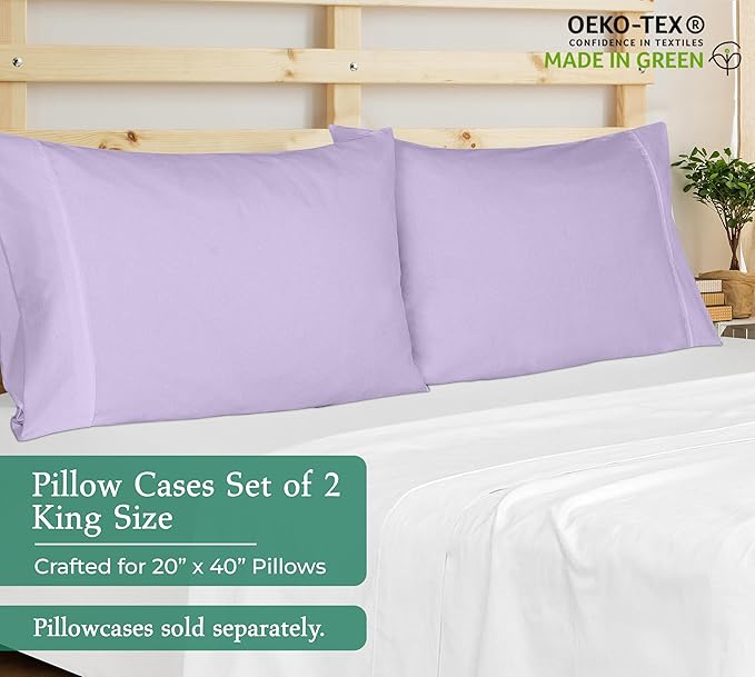 Royale Linens King Pillowcase Set of 2 - Bed Pillow Cover - 20" x 40" - Pillowcases - 1800 Brushed Microfiber, Wrinkle & Fade Resistant - Soft & Cozy- King Size Pillow Case (Lavender)