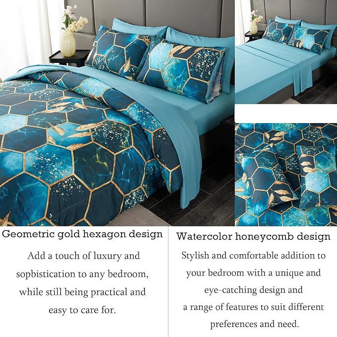 ANGIYUIN Turquoise Gold Hexagon Queen Comforter Set, 7Pcs Honeycomb Bed in A Bag Marble Printed Bed Sets Gold Trim Bedding Comforter Sets, Foil Print Bedding Sets with Sheets Pillowcases (Teal Queen)