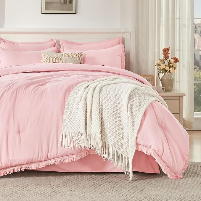 Andency California King Size Comforter Set with Sheets Light Pink - 7 Pieces Cal King Bed in a Bag Boho Bedding Sets, Bed Set with Comforter, Sheets, Pillowcases & Shams