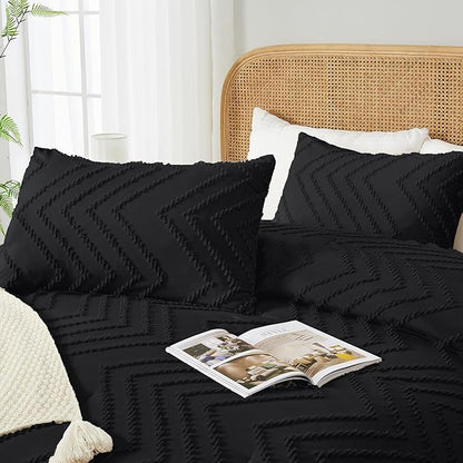 Andency Black Comforter King, Boho Soft Fluffy Warm Lightweight Bedding Comforter Sets for King Bed, 3 Pieces Chevron Tufted Aesthetic Microfiber Lightweight Comforter Set