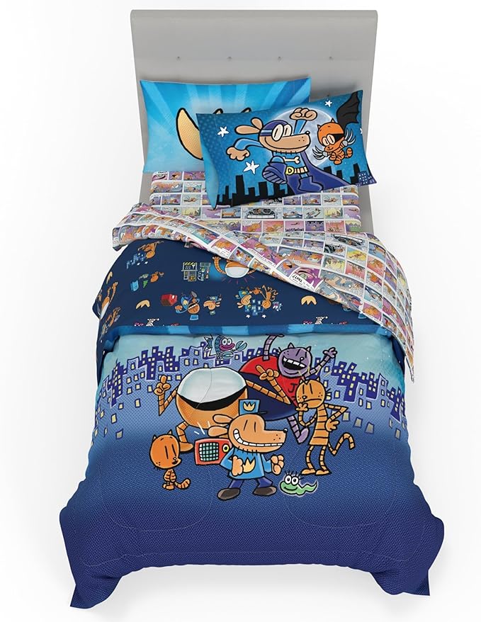 Dog Man Supa Buddies Kids Bedding Set, Twin Size, 4-Piece Super Soft Cozy Reversible Comforter & Sheet Set (Officially Licensed Product) by Franco | Durable, Reversible, Officially Licensed