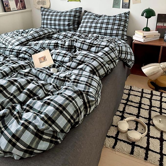LifeTB Grey White Buffalo Plaid Duvet Cover Set Queen 100% Washed Cotton Vintage Plaid Grid Bedding Set 3 Piece Checkered Comforter Cover Soft Breathable Gingham Duvet Cover with Zipper Ties