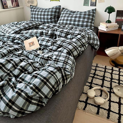 LifeTB Grey White Buffalo Plaid Duvet Cover Set Queen 100% Washed Cotton Vintage Plaid Grid Bedding Set 3 Piece Checkered Comforter Cover Soft Breathable Gingham Duvet Cover with Zipper Ties