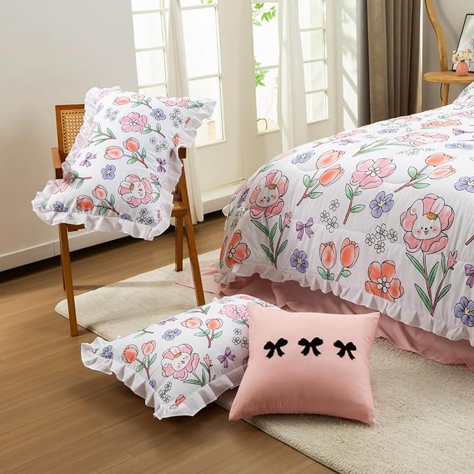 A Nice Night 6 Piece Comforter Set Twin Bed in a Bag with Comforter & Sheet Set,Chic Cute Rabbits Bow Printed Bedding Sets,Princess Ruffle Bedding for Kids Girls