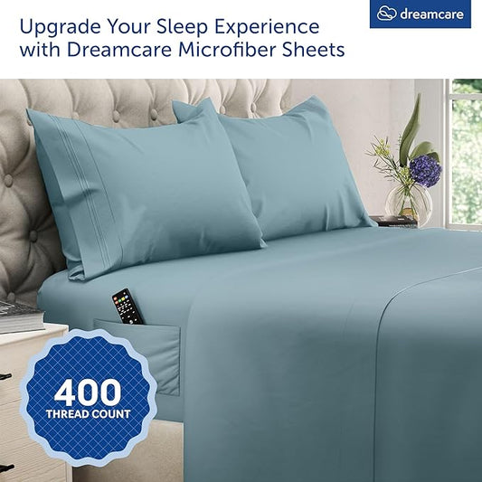 DREAMCARE Queen Size Sheets - Cooling Bed Sheets - 4pcs Set - up to 15" Deep Pocket Queen Sheet Set - Sheets Queen Size Bed - Soft & Long Lasting 100% Fine Microfiber with Side Pocket - Mineral Blue