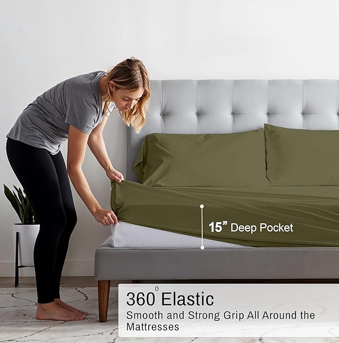 RUVANTI 100% Organic Cotton Sheets Twin XL, Percale Weave, GOTS Certified, 3-Piece Set, Deep Pocket 15", Crisp & Breathable, Soft Durable Bedding, Sábanas Algodón Orgánico – Olive