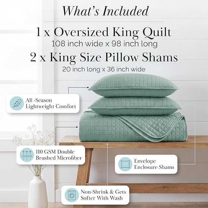 Southshore Fine Living, Inc. Oversized King Quilt Bedding Set, Soft Microfiber, Stain and Pet Hair Resistant Bedding, California/King Size Quilt Coverlet Bedspread Set with 2 Shams, Steel Blue (Teal)
