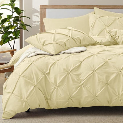 VACVELT 5 Piece Pinch Pleated Duvet Cover King Size Set, Beige Pintuck Duvet Cover with Zipper & 8 Ties, Shabby Chic Microfiber + 2 Pillow Shams + 2 Pillowcases, No Comforter