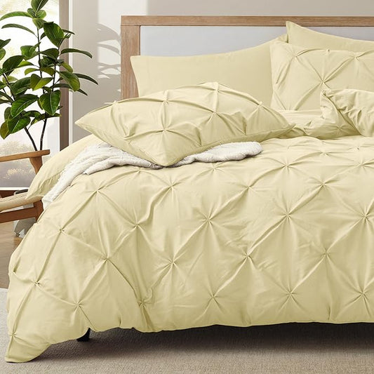 VACVELT 5 Piece Pinch Pleated Duvet Cover Full/Queen Size Set, Beige Pintuck Duvet Cover with Zipper & 8 Ties, Shabby Chic Microfiber + 2 Pillow Shams + 2 Pillowcases, No Comforter