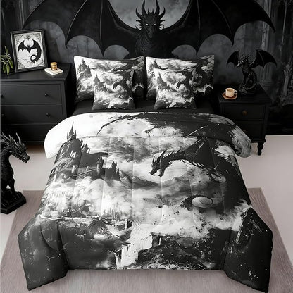 Erosebridal Gothic Dragon 7 Piece Comforter Set Full Bed in a Bag,Black and White Vintage Fantasy Castle Bedding Sets Dark Sky Mythical Animal Sheet Set with Comforter
