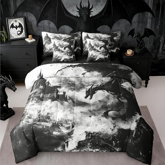 Erosebridal Gothic Dragon Bed in a Bag Queen Comforter Set 7 Piece,Black and White Vintage Fantasy Castle Bedding Sets Dark Sky Mythical Animal Sheet Set with Comforter