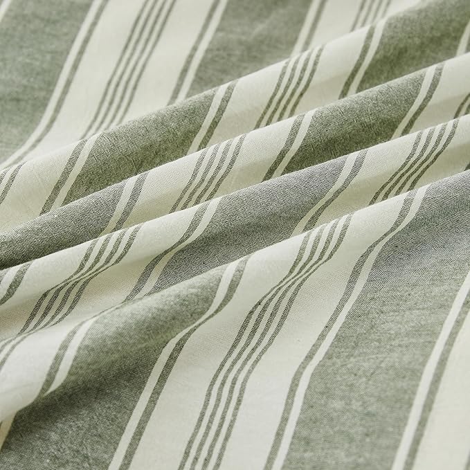 Green Striped Queen Duvet Cover Washed Cotton Boho Queen Comforter Cover Farmhouse Soft Pinstripe Patterned Duvet Cover Set with Hidden Zipper Vertical Stripe Bedding Set Teen Duvet Protector