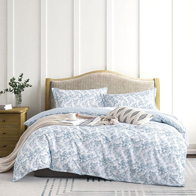 Vintage Cotton Comforter Twin Size 2Pcs - Elegant Pale Slate Blue Floral Pattern on White with Light Blue & White Striped Reverse, Luxurious Lightweight Bedding Sets with Soft Fill(68"×90")