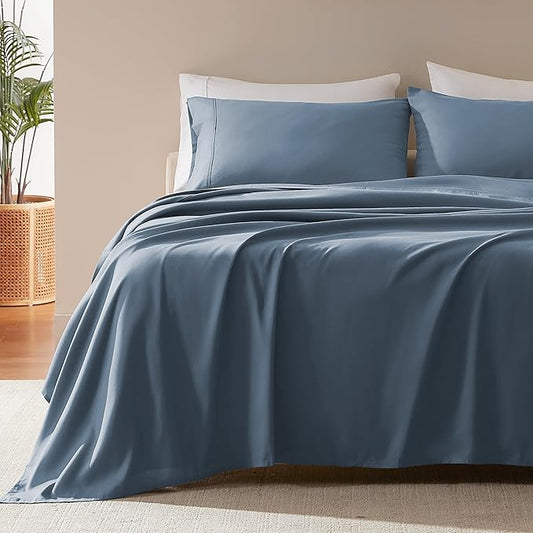 SLEEP ZONE Nanotex Super Soft Cooling Full Size Bed Sheets Set 4 Piece - Easy Care Fitted Flat Sheet & Pillowcase Sets - Wrinkle Free, Fade Resistant, Deep Pocket 16" (Flint Blue, Full)