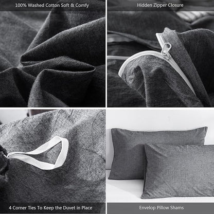 MooMee Bedding Duvet Cover Set 100% Washed Cotton Linen Like Textured Breathable Durable Soft Comfy (Heathered Dark Grey, Oversized King Plus 128"x120")
