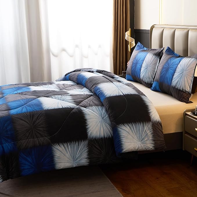 Caressma King Comforter Set Black and Blue (104x90 Inch), 3 Pieces Buffalo Plaid Black and White Checkered Comforter Bedding Set, Stylish Geometric Plaid Fluffy Home Decor for All Seasons
