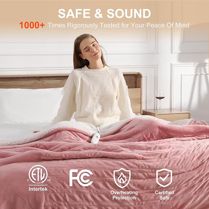 Twin Electric Blanket 62''X84'' Heating Blanket - Pink Heated Blanket for Office Ultra Warm Fluffy Winter Blanket with Adjustable Temperature & Machine Washable, Grandma Birthday Gifts(Baby Pink)