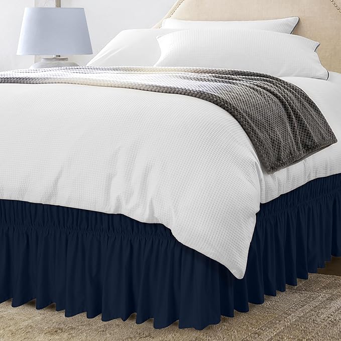 Utopia Bedding Queen Elastic Bed Ruffle - Easy Wrap Around Ruffle - Microfiber Bed Skirt with Adjustable Buckle & Elastic Belt, 16 Inch Tailored Drop - Hotel Quality Bedskirt, Fade Resistant (Navy)