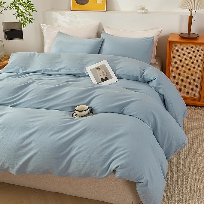 ECOCOTT 100% Washed Cotton Duvet Cover California King Size – Soft & Breathable Linen Feel Bedding Set, 3 Pieces Light Blue Comforter Cover with Zipper Closure for All Seasons