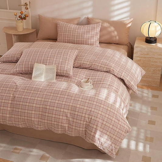 HighBuy Pink Gingham Comforter Set Full Cute Grid Plaid Comforter Set 3 Pieces Checkered Gingham Comforter with 2 Pillowcases for Boys Girls Soft Fluffy Bedding Set Farmhouse