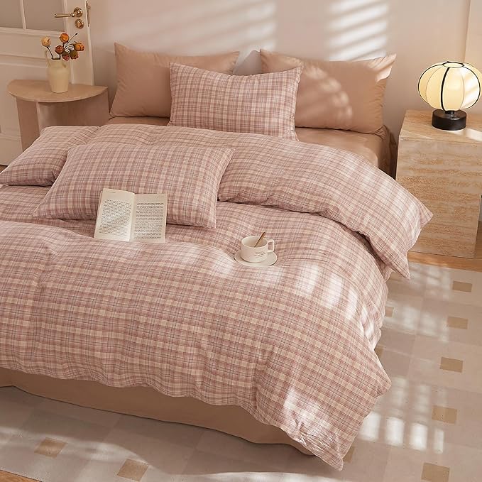 HighBuy King Comforter Set Pink Gingham Plaid Comforter with 2 Pillowcases Modern Chic Geometric Plaid Comforter 3 Pieces Farmhouse Gingham Bedding Set Fluffy Grid Checkered Comforter Set