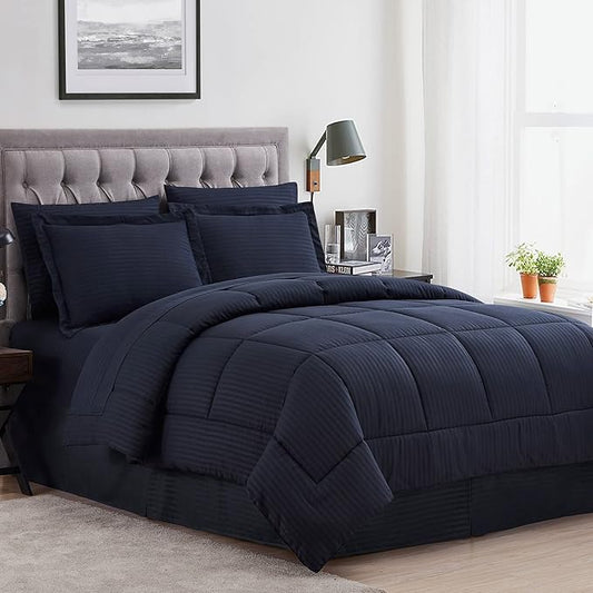 Sweet Home Collection 6 Piece Bed in a Bag with Dobby Stripe Comforter, Sheet Skirt, and Sham Set, Twin, Navy, 6, Case Pack (Pack of 4, 24 Count Total)