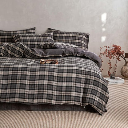 EAVD Vintage Style Dark Grey Plaid Duvet Cover Queen Soft 100% Muslin Cotton Modern Grid Checkered Bedding Set with 2 Pillowcases Reversible Gingham Duvet Cover with Zipper Closure