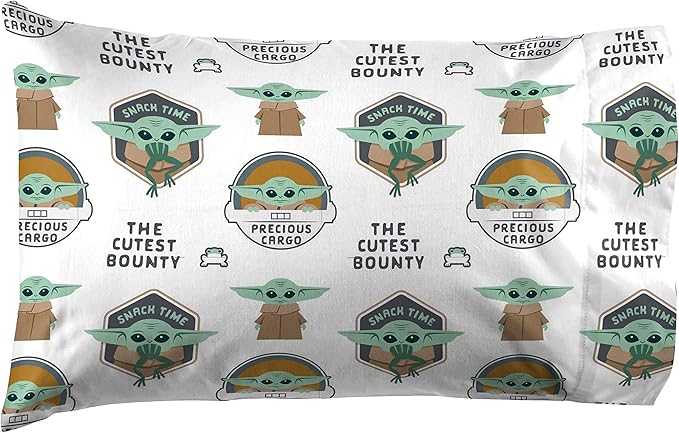 Jay Franco Kids Sheet Cartoon Set with Fitted, Flat Sheets & Pillow Cover - Ultra-Soft Bedding with Pillowcase for Room Decor, White - Mandalorian, 3 Piece Twin