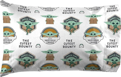 Jay Franco Kids Sheet Cartoon Set with Fitted, Flat Sheets & Pillow Cover - Ultra-Soft Bedding with Pillowcase for Room Decor, White - Mandalorian, 3 Piece Twin