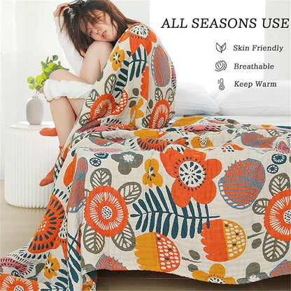 Throw Blanket Queen Size Fall Blanket for Couch Bed 80''x90'',100% Cotton Woven Muslin Blankets Travel Soft Warm Mexican Blankets Boho Quilt Home Decor for Women