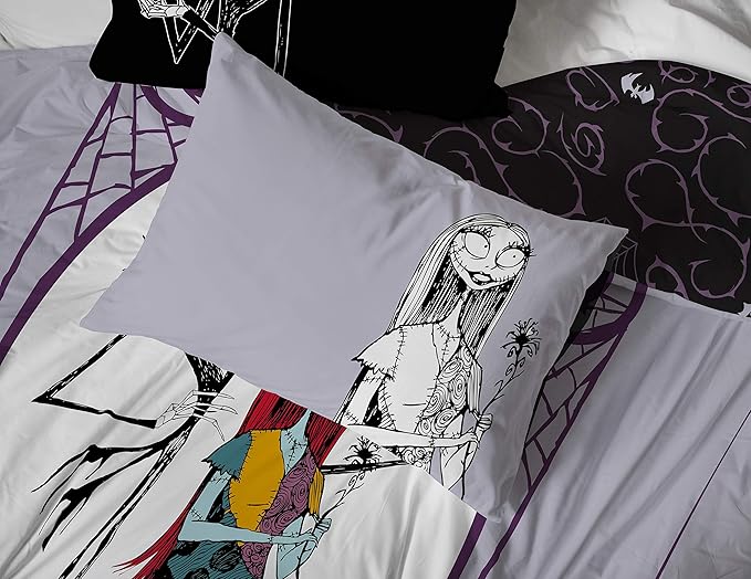 Jay Franco Kids Sheet Set with Fitted, Flat Sheets & Pillow Cover - Ultra-Soft Bedding with Pillowcase for Room Decor, White - Nightmare Before Christmas, 4 Piece Full
