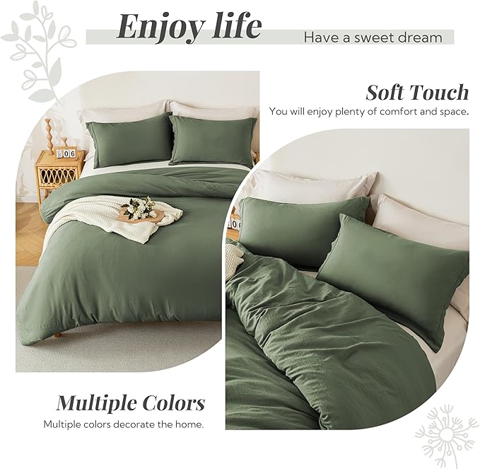 MILDLY Super Soft Duvet Cover 2pcs - 100% Washed Microfiber Olive Green Comforter Cover Set with Zipper Closure & Corner Ties (No Comforter)