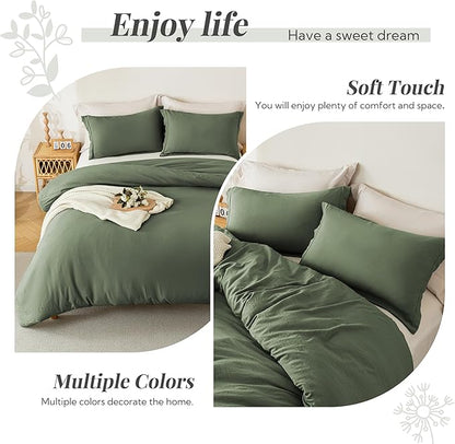 MILDLY Super Soft Duvet Cover - 100% Washed Microfiber Olive Green Comforter Cover Set 3 Pieces with Zipper Closure & Corner Ties (No Comforter)