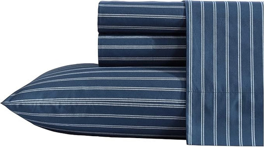 Nautica - Queen Sheets, Premium Cotton Percale Bedding Set, Striped Home Decor, Oeko-Tex Certified (Richmond Stripe Blue, Queen)