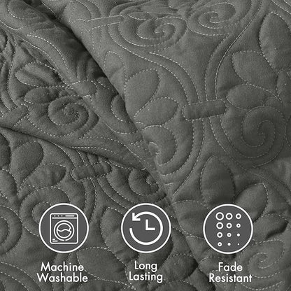 Madison Park Quebec Split Corner Quilted Bedspread Classic Traditional Design All Season, Lightweight, Bedding Set, Matching Shams, Queen (60" x 80" + 24"D), Damask Quilted Dark Grey 3 Piece