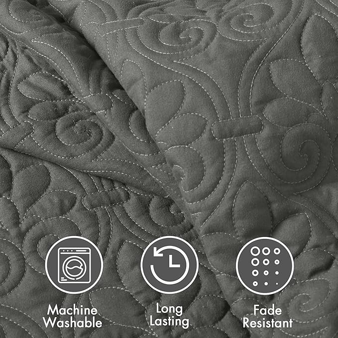 Madison Park Quebec Split Corner Quilted Bedspread Classic Traditional Design All Season, Lightweight, Bedding Set, Matching Shams, King, Damask Quilted Dark Grey 3 Piece