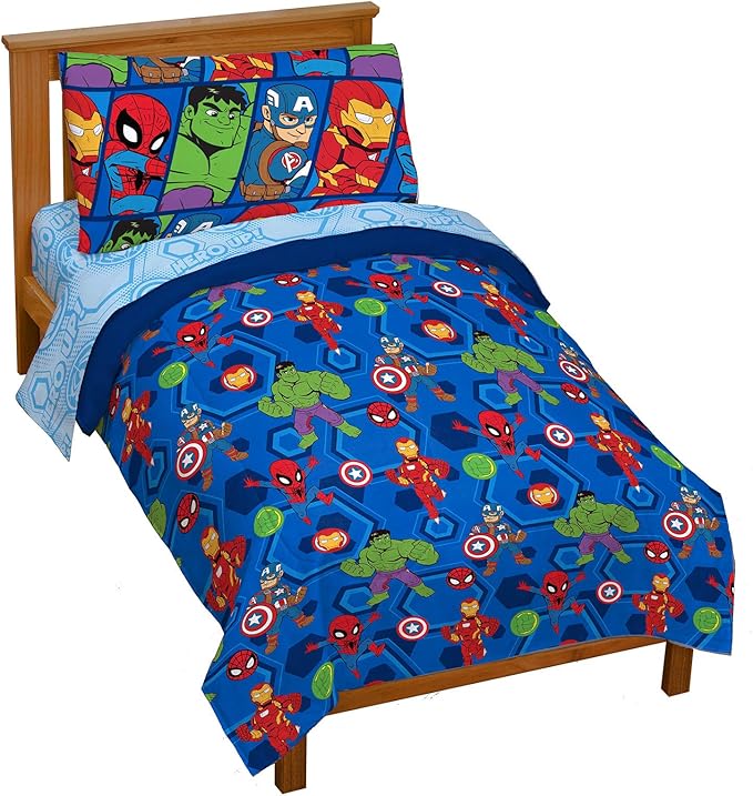 Jay Franco Marvel Super Hero Adventures Hero Together 4Piece Toddler Bed Set Super Soft Microfiber Bed Set Includes Toddler Size Comforter & Sheet Bedding Features The Avengers Official Product