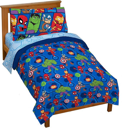 Jay Franco Marvel Super Hero Adventures Hero Together 4Piece Toddler Bed Set Super Soft Microfiber Bed Set Includes Toddler Size Comforter & Sheet Bedding Features The Avengers Official Product