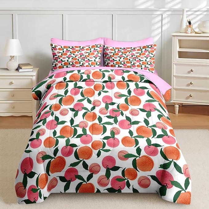 Nesker Comforter Set Queen Size, Pink Peach 7 Pcs Bedding for Kids and Adults, Sweet Fruit Vintage Bed Sheet Sets with Fitted Sheet 2 Pillowcases & 2 Shams