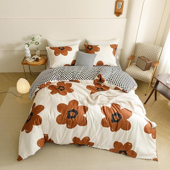Cottonight Pumpkin Sunflower Comforter Set Brown Cal King Women Girls Beige and Brown Floral Bedding Comforter Set Botanical Flowers Blanket Quilts Soft Breathable Chic Comforter