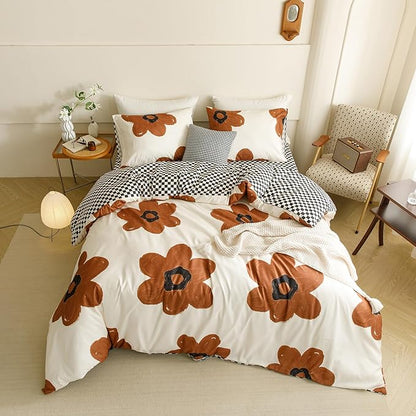 Cottonight Pumpkin Sunflower Comforter Set Brown King Women Girls Beige and Brown Floral Bedding Comforter Set Botanical Flowers Blanket Quilts Soft Breathable Cute Comforter