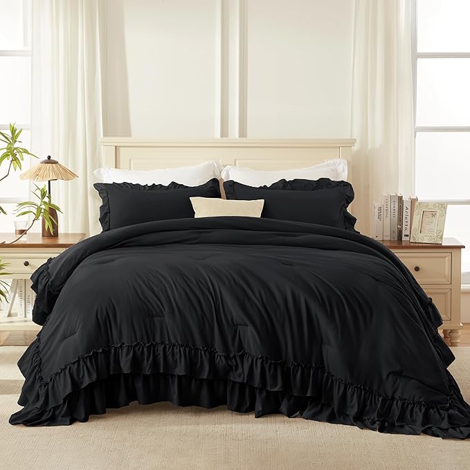 Andency Black Twin Size Comforter Set(66x90Inch), 2 Pieces Fluffy Farmhouse Shabby Chic Ruffle Bedding Comforter Sets, All Season Soft Lightweight Polyester Bedding Set for Kids
