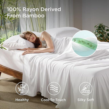 Bedsure California King Sheet Sets, Cooling Sheets, Rayon Derived from Bamboo, Deep Pocket Up to 16", PureWoven, Breathable & Soft, Hotel Luxury Silky Bedding for Hot Sleepers, White