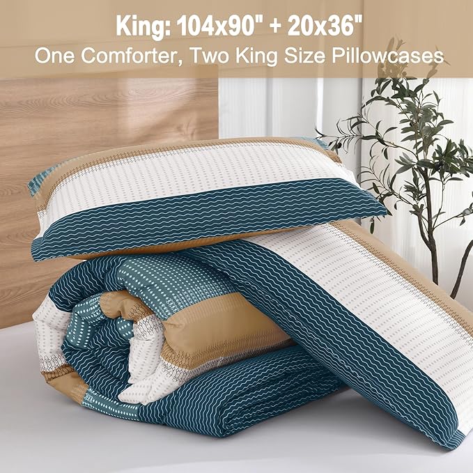 Litanika Comforter Set King Size Green Yellow - 3 Pieces Lightweight Colorblock Stripe Fluffy Bedding Comforter Sets, All Season Bed Set